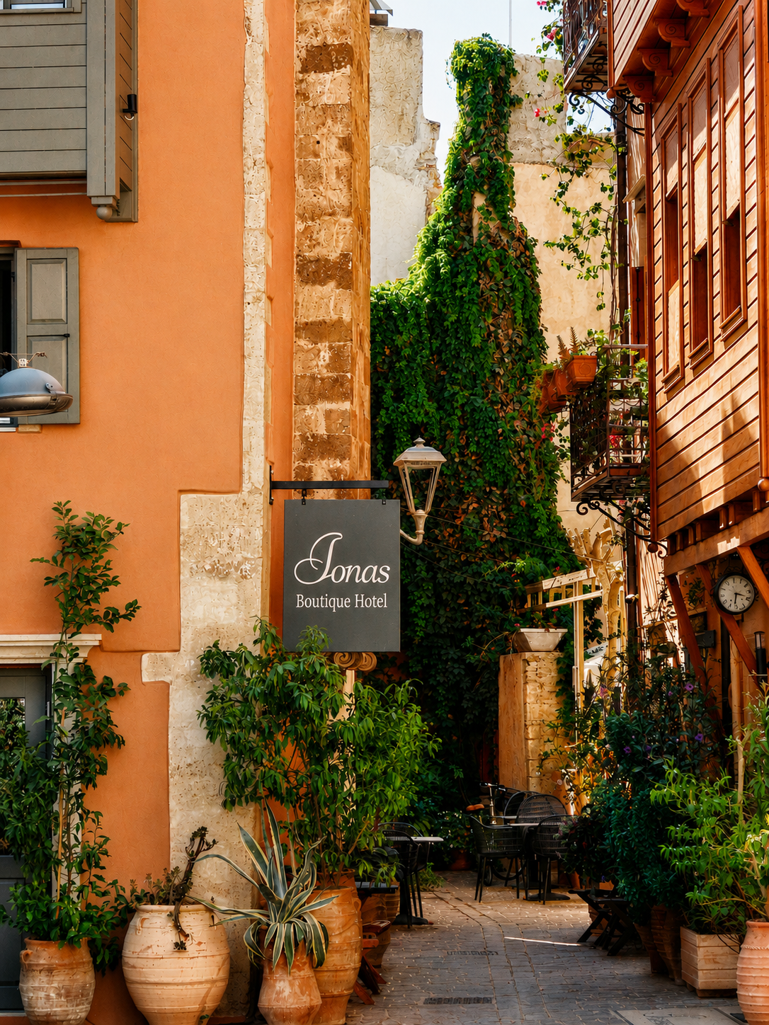 Boutique hotel sign in a sunlit Mediterranean old-town alley