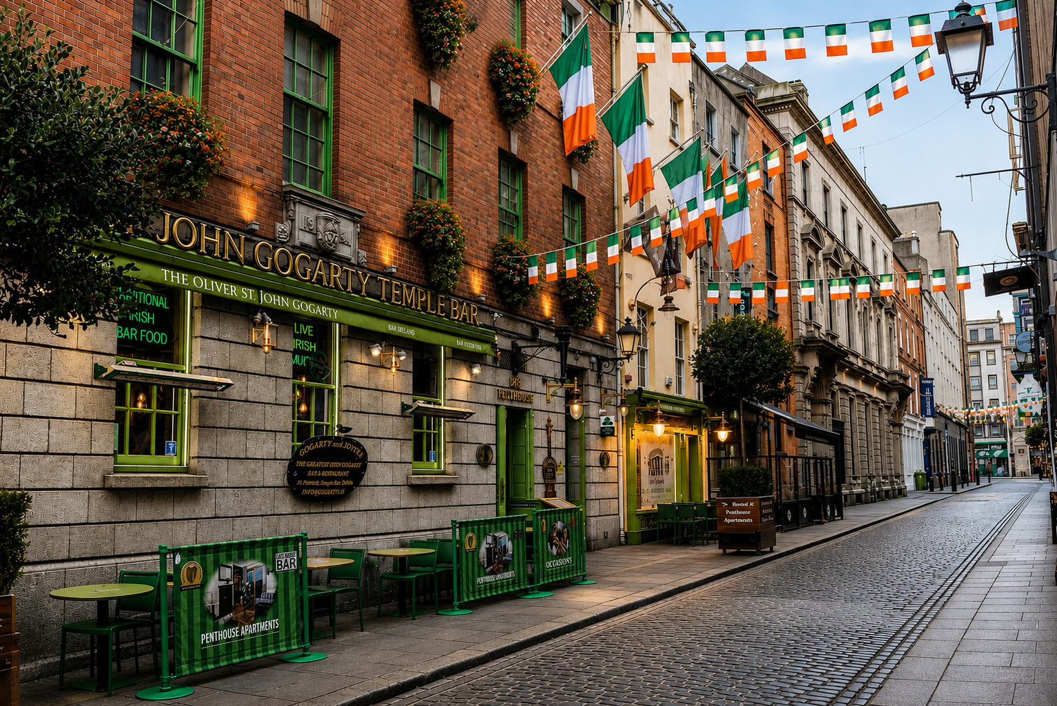 Dublin Temple Bar lane with Irish tricolour flags and a traditional pub